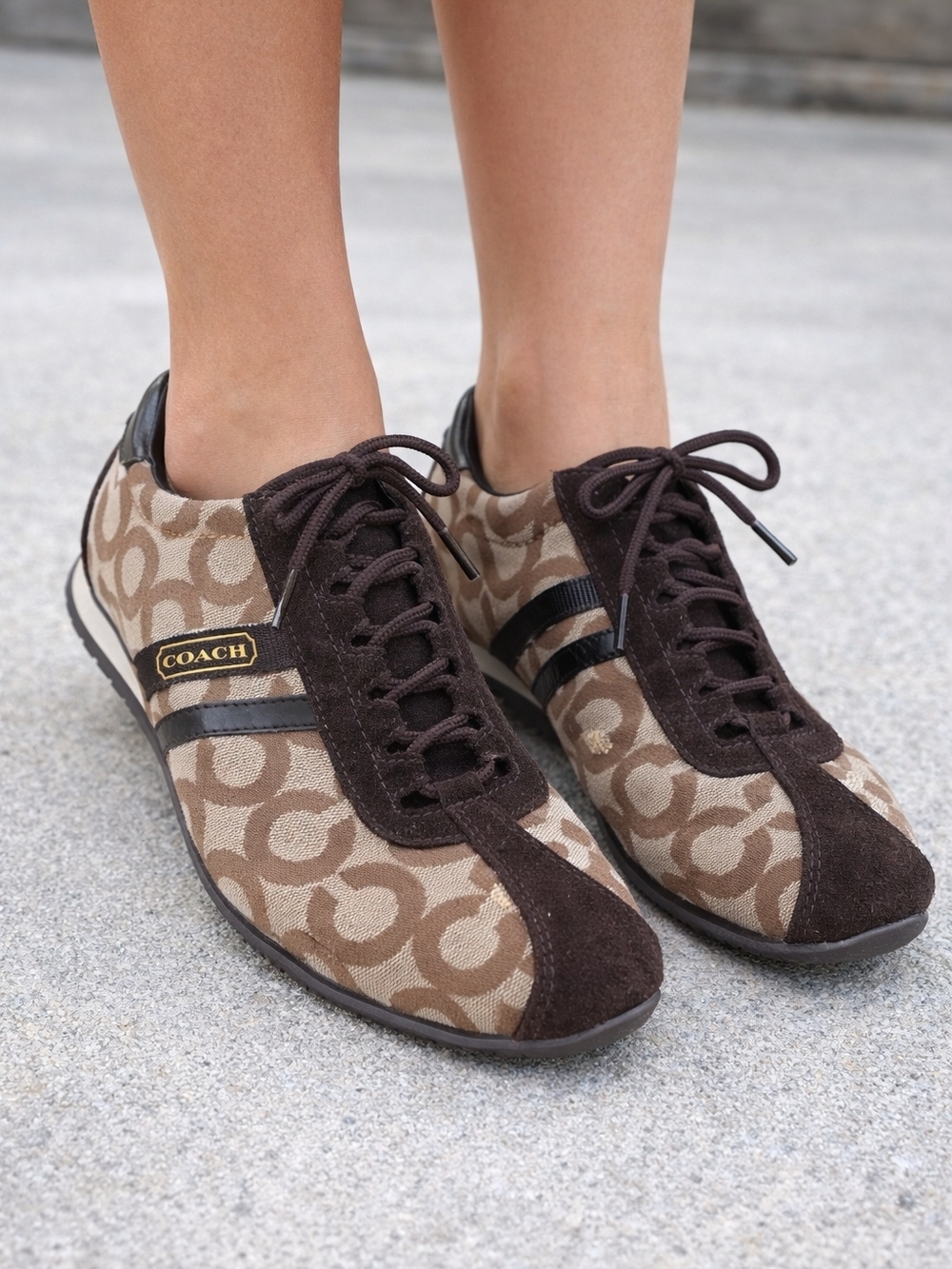 Coach Brown Signature Canvas Sneakers with Dark Brown Suede Trim